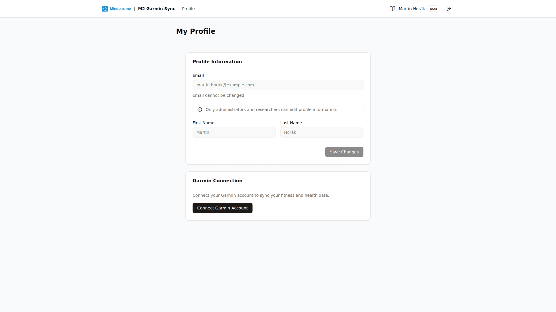 Profile page before connecting, showing the Connect Garmin Account button
