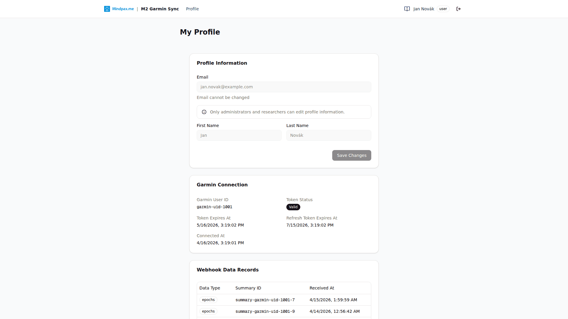 Profile page after connecting, with Garmin user ID, token status, and expiry times